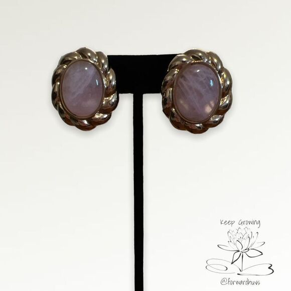Vintage Rose Quartz Gold Tone Oval Clip On Non Pierced Earrings - Picture 3 of 10